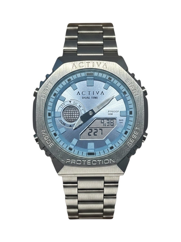 Ativa Dual Time Watch With Blue Dial And Silver Bracelet